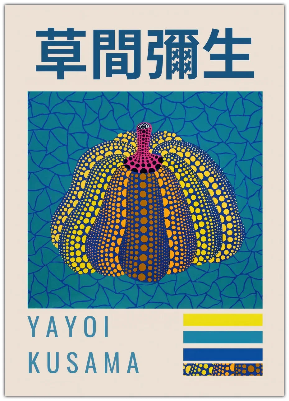 Yayoi Kusama - Blauer und gelber Kürbis Poster