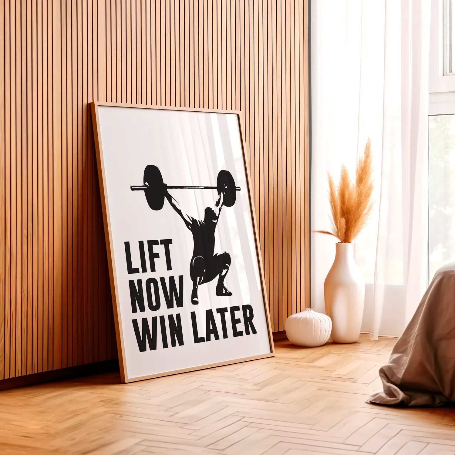 Lift now win later Plakat