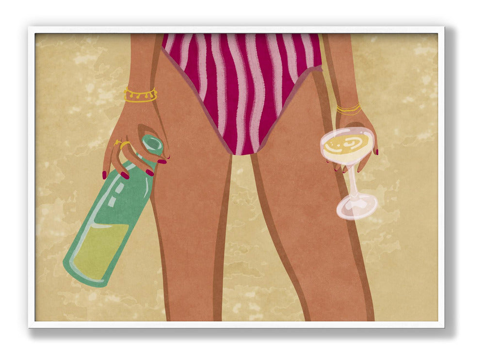 Poster Mädchen mit Wein am Strand