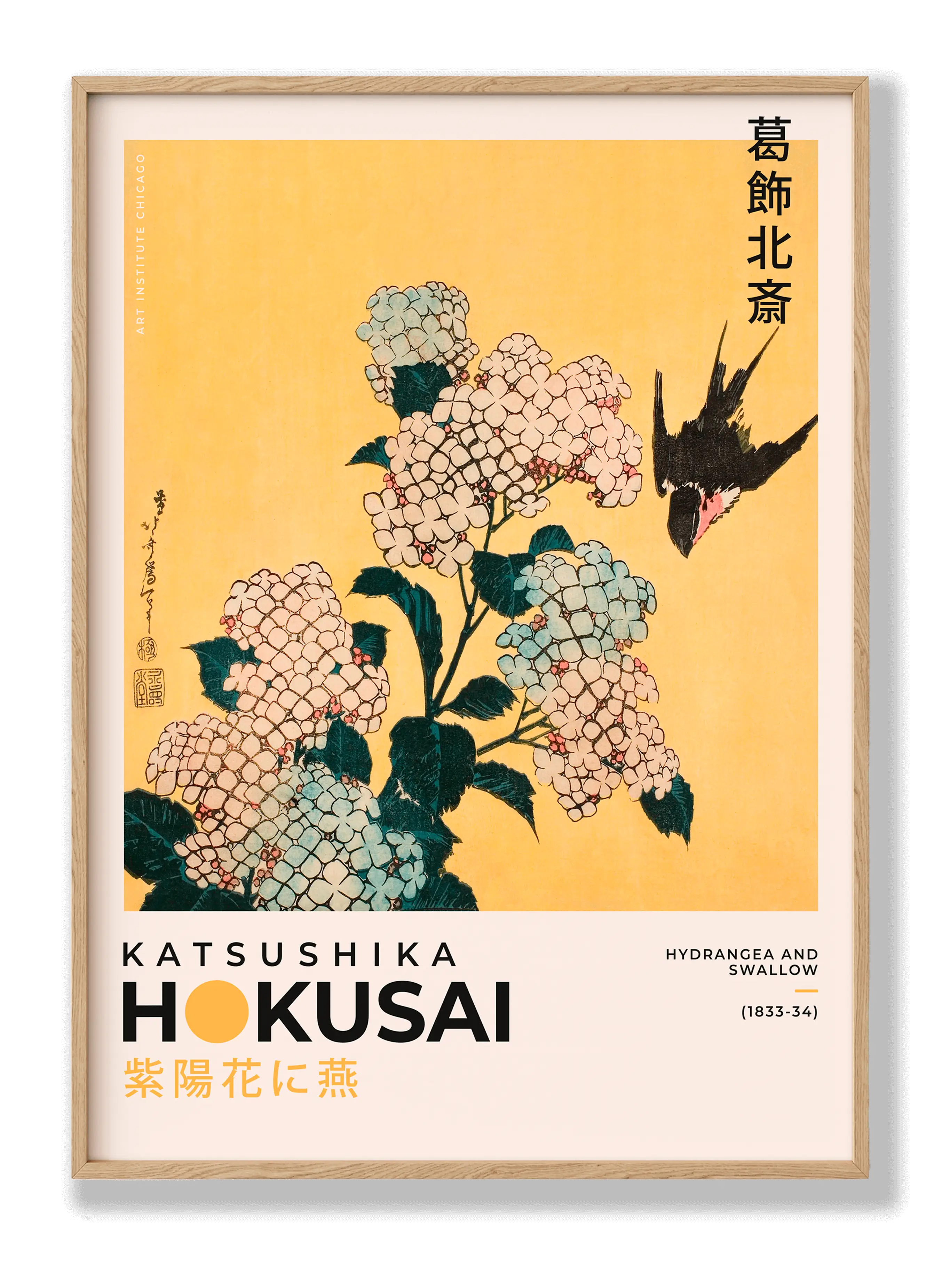 Katsushika Hokusai – Hortensie und Schwalbe Poster