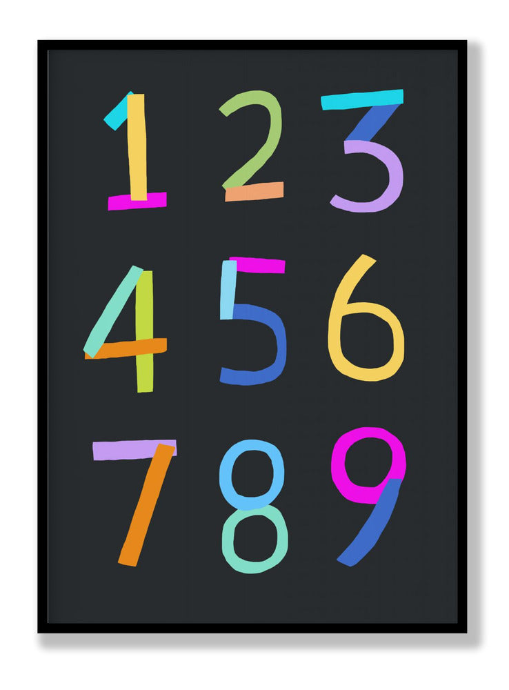 Hand Drawn Numbers 1 to 9 on Black Background by Artist Carla Daly Poster