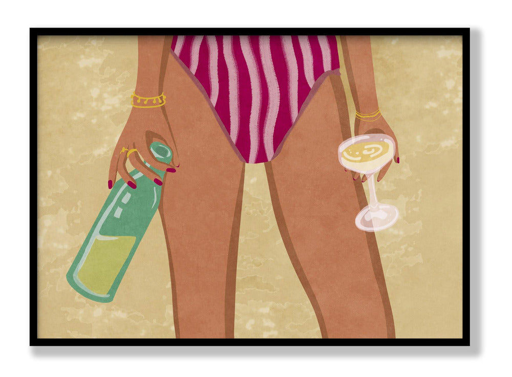 Poster Mädchen mit Wein am Strand